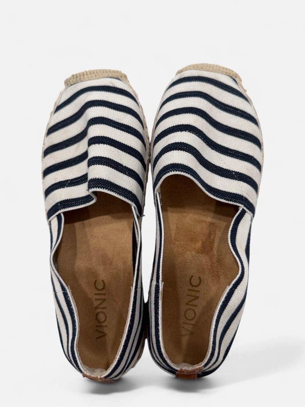 Vionic Navy and White Striped Espadrille Slip-Ons